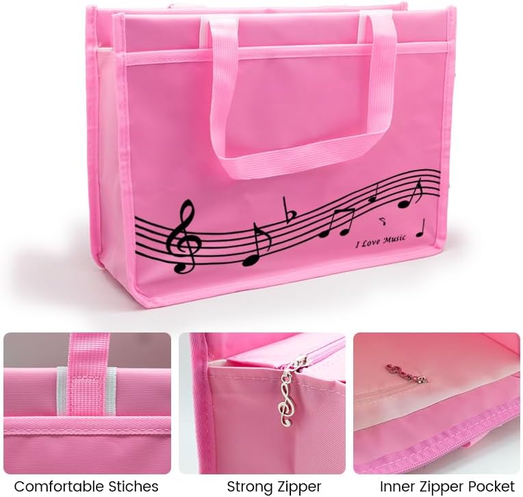BestSounds Piano Bag, Zipper Waterproof Music Book Tote Bag Piano Accessories for Students Kids, Women, Gifts for Musicians (Pink Music) - Image 2